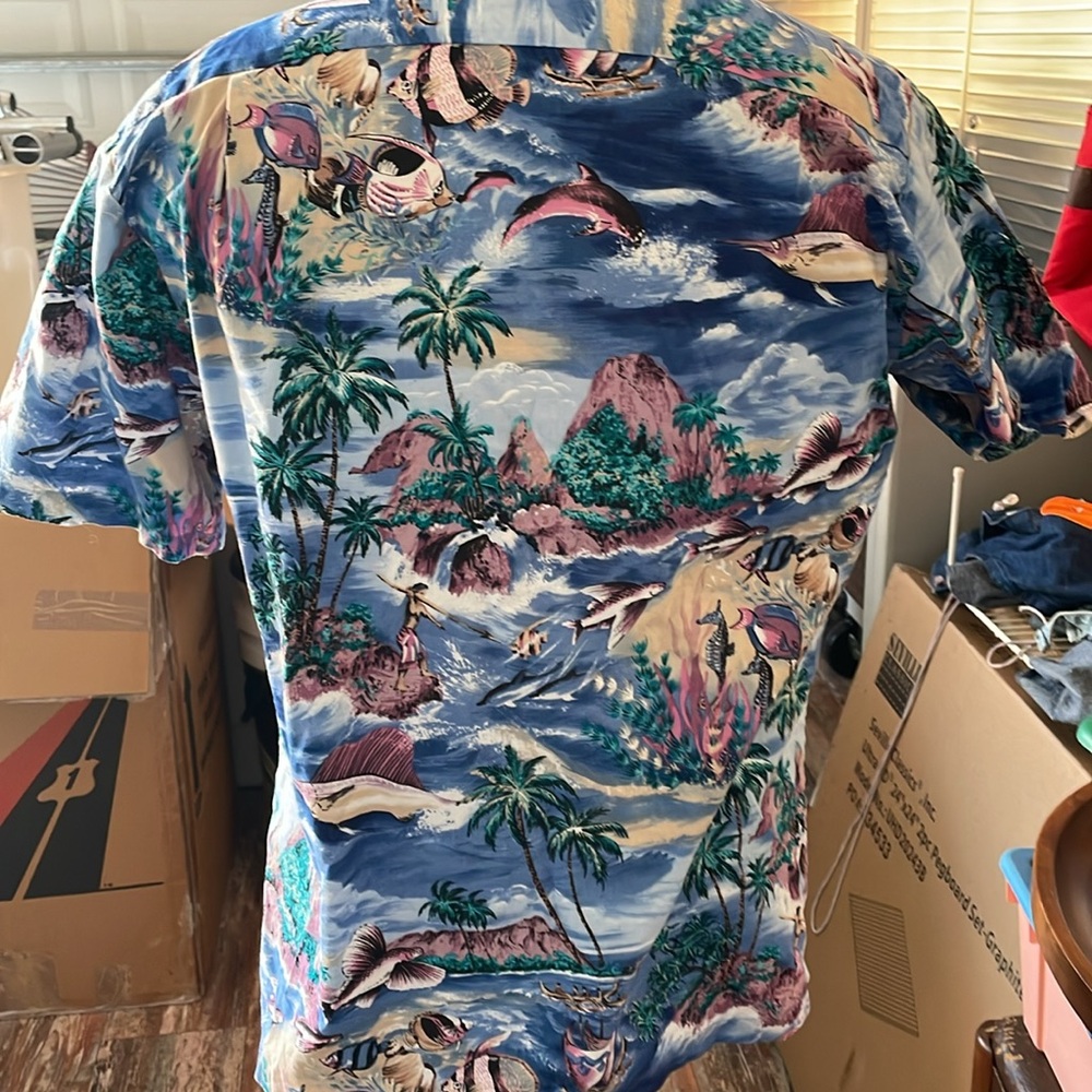 RJC sea life , palm trees, boats & fish blue medium Hawaiian - Picture 2 of 7